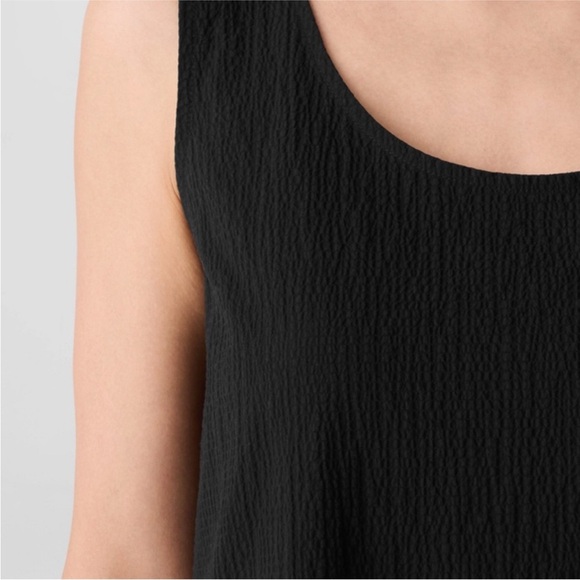 EILEEN Fisher Black Organic Cotton Seersucker Pucker Tiered Dress, Size Small - Picture 7 of 15